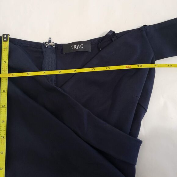 Trac Women SIZE S Navy Blue Off Shoulder Mini Dress Asymmetrical Hem Cocktail - Picture 8 of 13